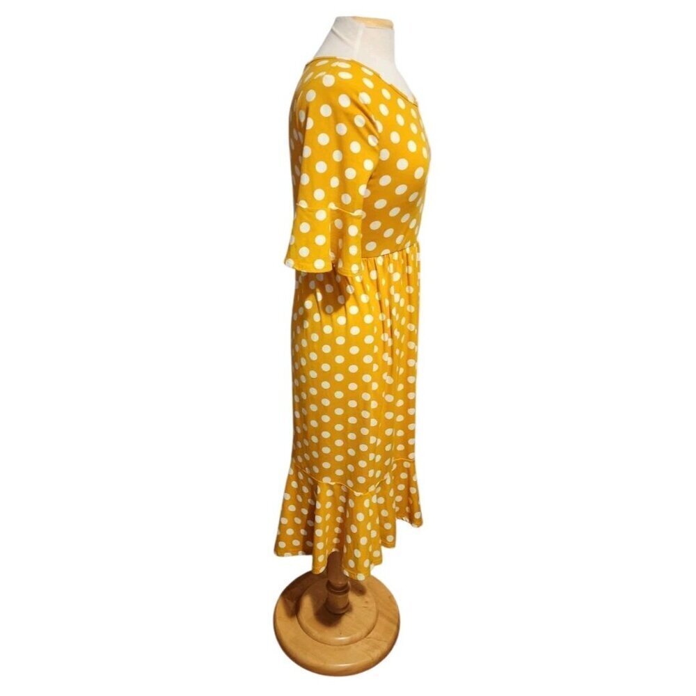 Mustard Yellow Polka Dot Retro Rockabilly Waist Midi Dress Ruffle Fit Flare Soft - Picture 4 of 9